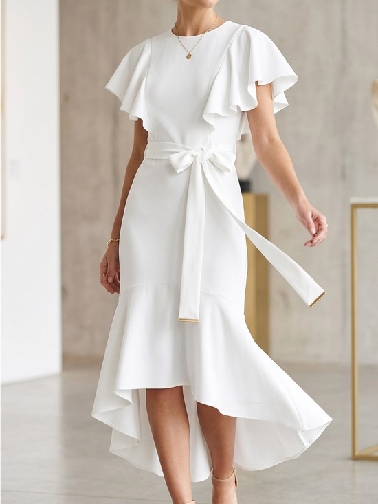 New Look Dresses & Skirts - New Look White High-Low Ruffle-Sleeve Midi Dress with Waist Tie Size 6